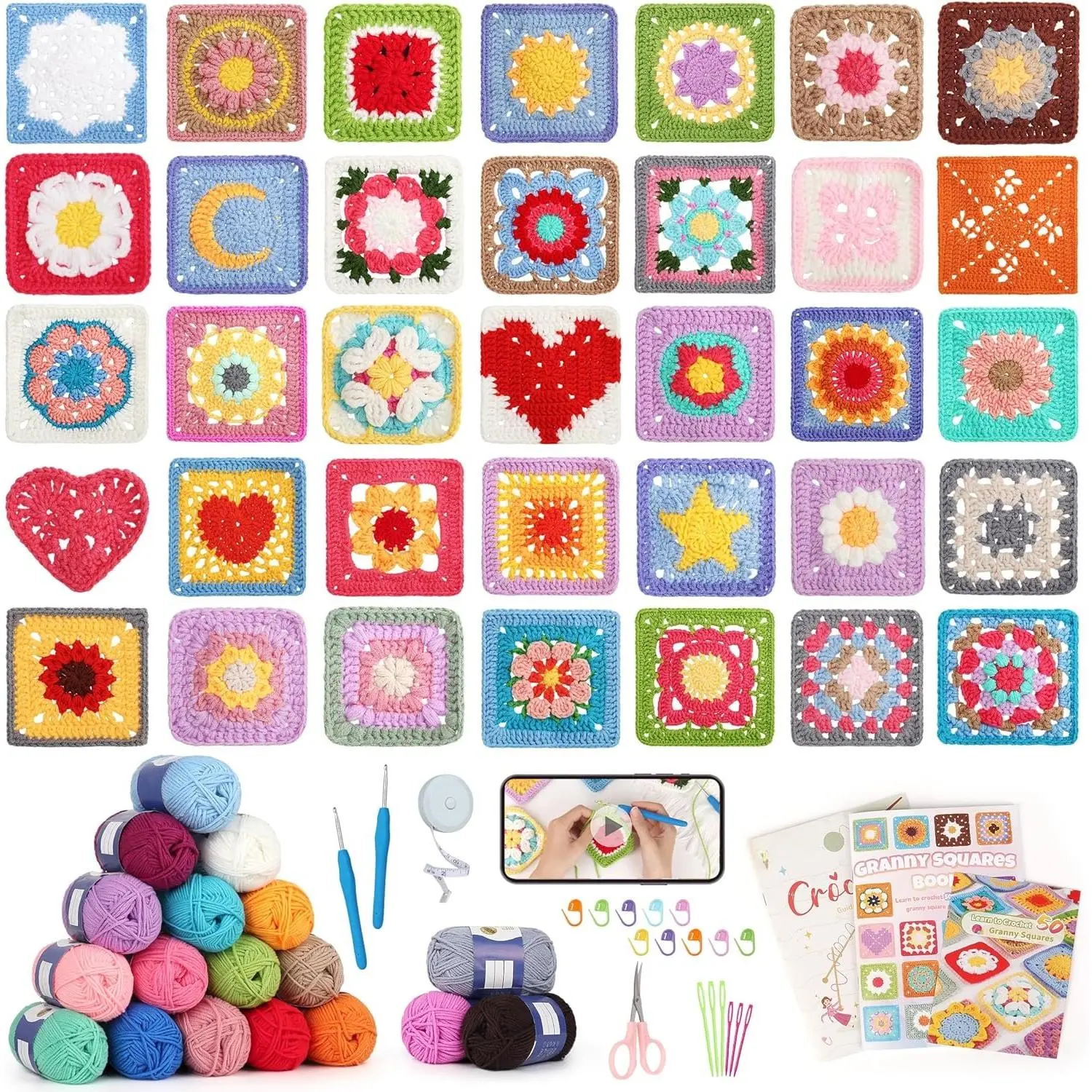 Crochet Kit for Beginners, 50 Granny Squares Crochet Kits for Adults Beginner Learn to Crochets w/Step-by-Step Video Tuturials, Knitting Kit w/1378yds Yarn Granny Square Card Deck- 80%