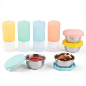 8-Pack Salad Dressing Container To Go, 2 oz Leakproof Silicone Squeeze Bottles for Sauces, Reusable Small Stainless Steel Condiment Containers with Lids for Lunch Box Travel Picnic