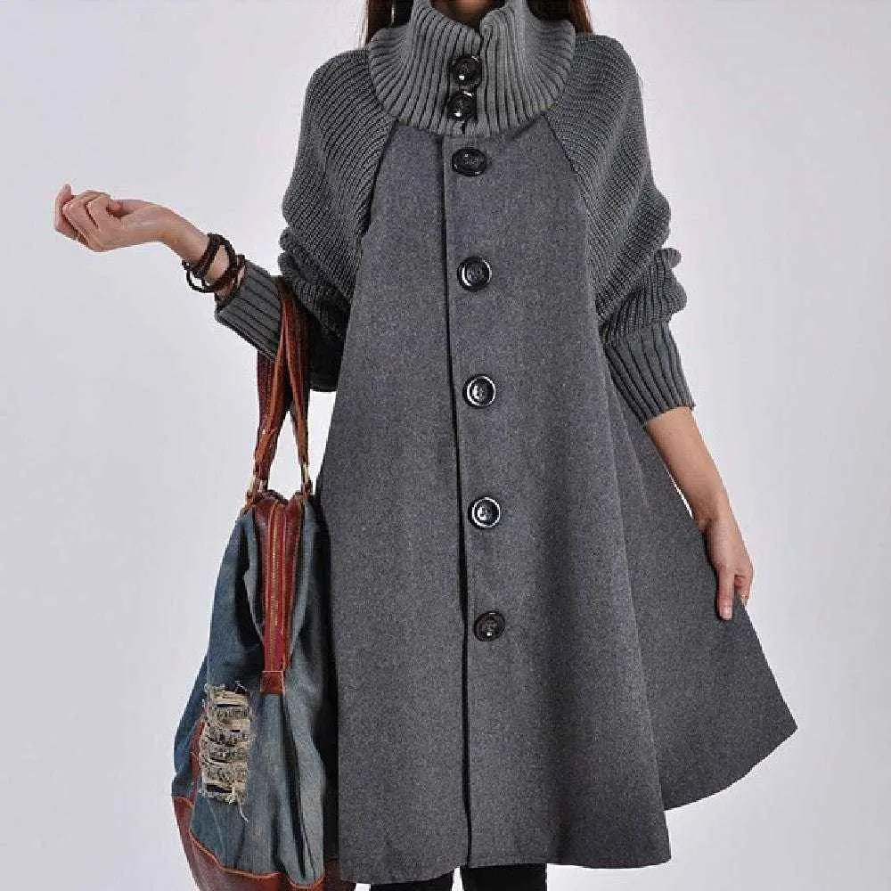 Women's Solid Gray Woolen Trench Coat - Button Closure, Lapel Collar, Long Sleeves, Mid-Length Basic Casual Outerwear, Plus Sizes M-5XL, Asian Sizing
