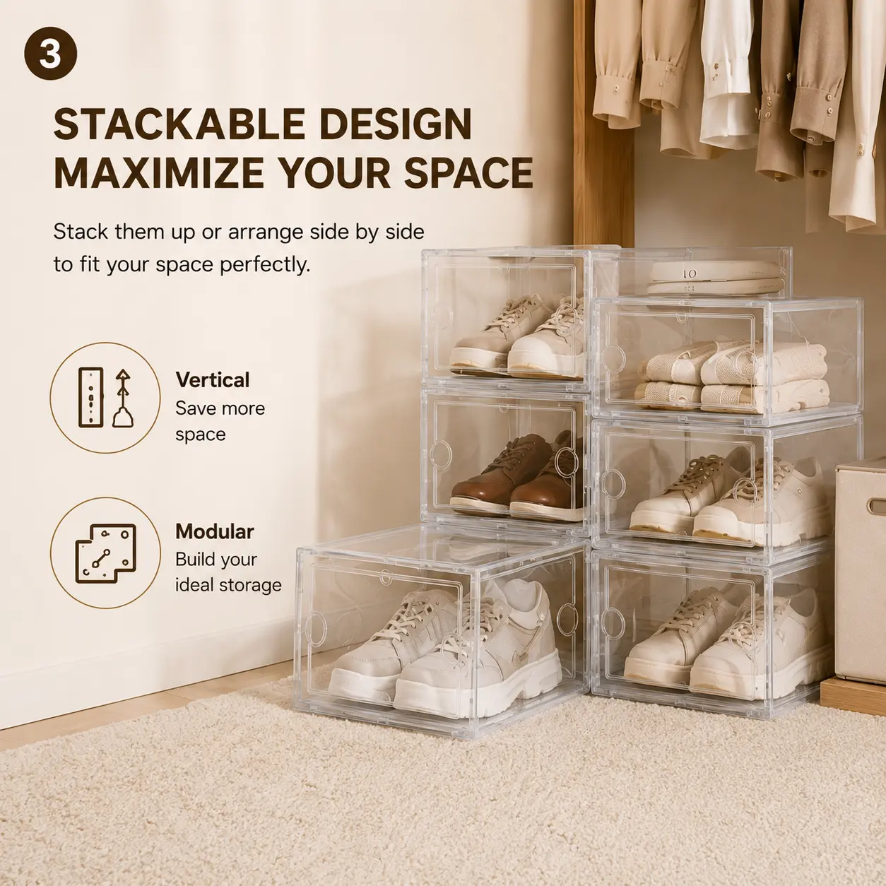 6PCS Clear Stackable Shoe Storage Boxes with Front-Opening Doors, Dust-Proof Space-Saving Sneaker Organizer for Closet, Bedroom & Entryway