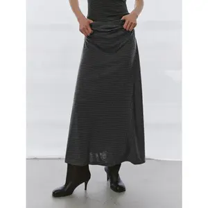 URBAN REVIVO Women's Ruched Striped Stretchy Asymmetrical Waist Midi Skirt Bottom, UWJ560022, Thin Wool-Mix Lightly Stretchy Fabric, Multi-Size Casual Fitted Hip-Flattering Summer Skirt