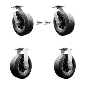 BBQ Smoker Grill Flat Free All Terrain Caster Wheel Set – 10 Inch Easy Roll, No Flat, Maintenance Free Solid Rubber Wheels – 2 Swivel with Bolt-On Locks and 2 Rigid Casters – Set of 4 – Service Caster