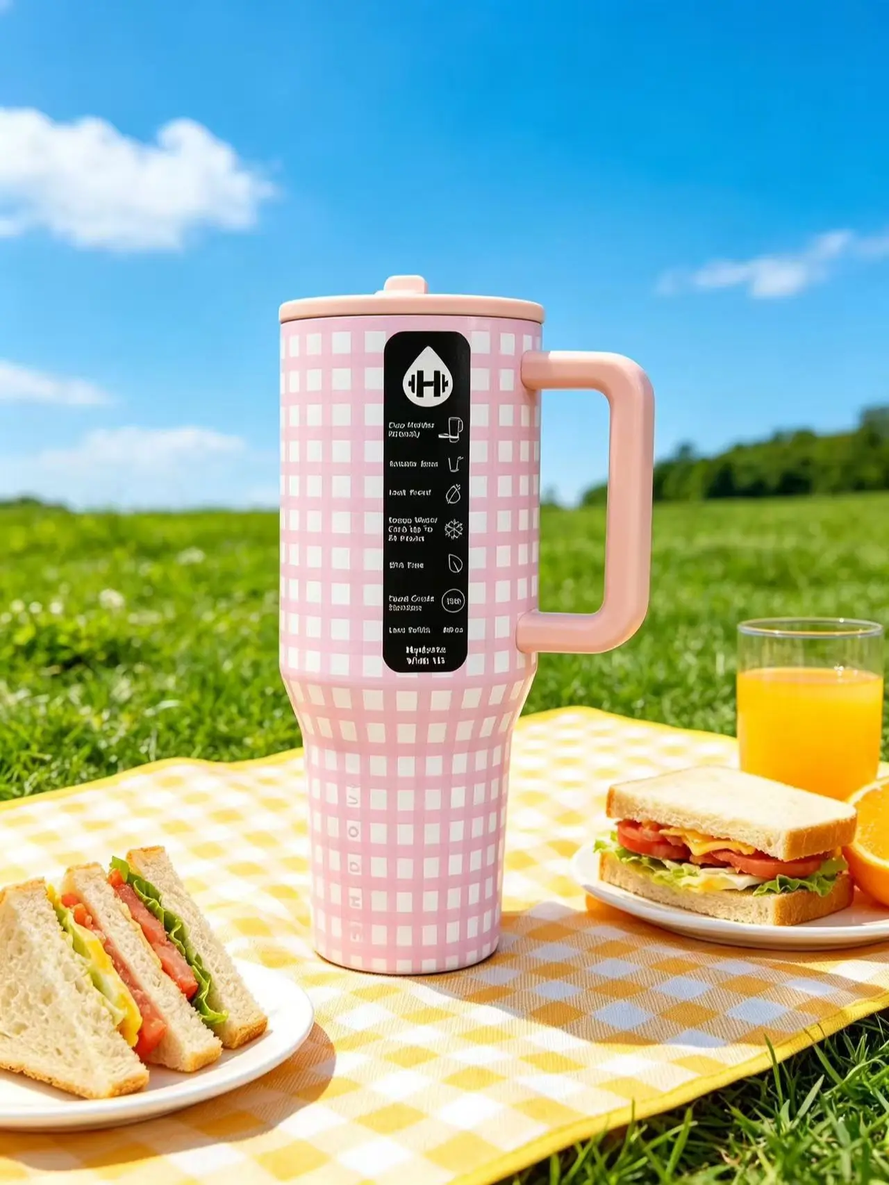 HydroJug 40 oz Pink Gingham Insulated Stainless Steel Water Bottle - Portable Stylish Mug with Insulated Lid, Ideal for Everyday Carry