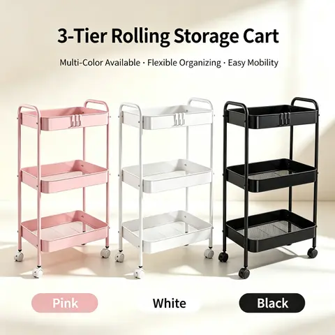 3-Tier Rolling Metal Storage Cart - Modern Storage Organizer, Multilayer Adjustable Organiser, Space Saving Holder Racks for Kitchen & Bedroom Apartments, Multi-Purpose Organizer for Home Supplies