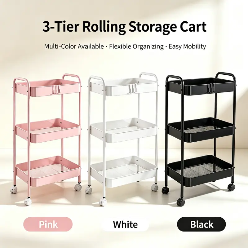 3-Tier Rolling Metal Storage Cart - Modern Storage Organizer, Multilayer Adjustable Organiser, Space Saving Holder Racks for Kitchen & Bedroom Apartments, Multi-Purpose Organizer for Home Supplies