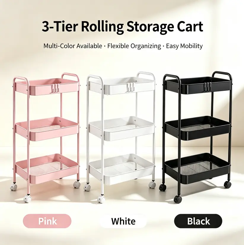 Kitchen Cart Bedroom Storage Cart Small Table Bedside Office Cart, Rolling Cart Stand 3-Tier Multi-Purpose Metal Storage Organizer Rack Kitchen Office Home Books Baby Toy Cart Stand