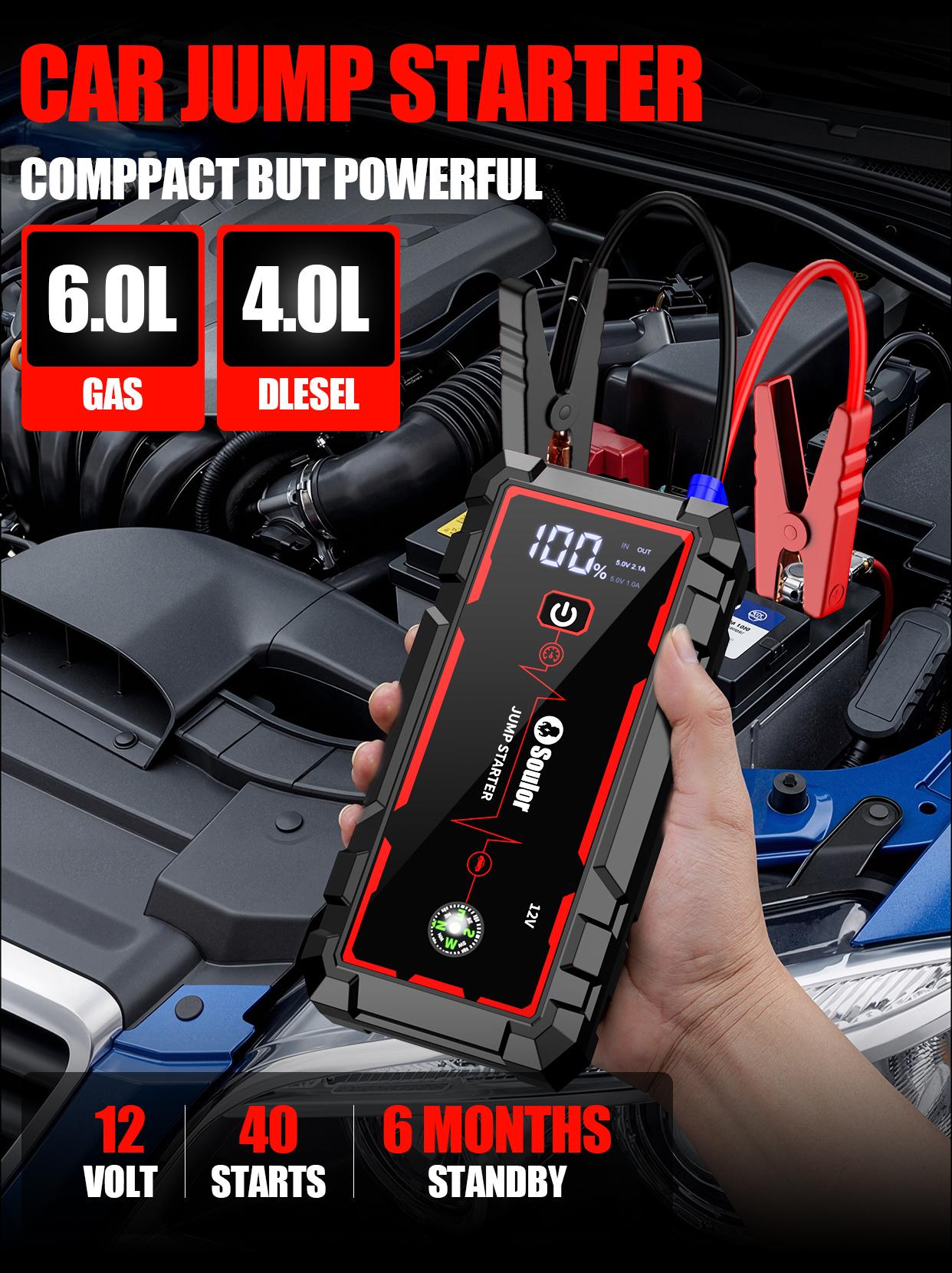 Soulor Portable Car Jump Starter with Power Bank, 8000mAh 12V Battery Booster, USB Charging for Phones & Tablets, LED Emergency Light, LCD Display, Heavy-Duty Clamps for Cars, SUVs, Trucks & Motorcycles sohochic