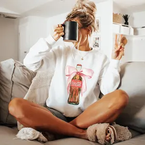 Pink Ribbon Graphic Sweatshirt - Fashion Casual Long Sleeve Crewneck Pullover, Funny Soda Lover Sweater, Retro Street Casual Top for Women