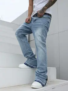 Men’s Light Blue Flare Jeans, Slim Fit Stacked Bootcut Denim Pants with Zipper Hem, Vintage Washed Distressed Streetwear Jeans for Men, Casual High Waisted Boot Cut Jeans with Frayed Raw Edge, Trendy Y2K Style Flared Denim Pants for Guys