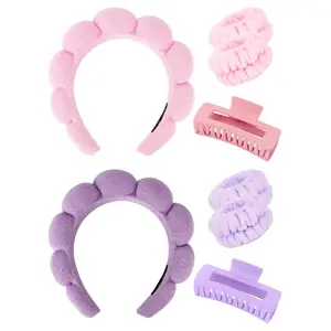 Pink Purple  Headband And Wristband Set Skincare Headband For Washing  Hair Claw Clips For Thick Hair Cute Puffy Sponge Bubble Makeup  Band Wrist Towels Scrunchies For Women Girls