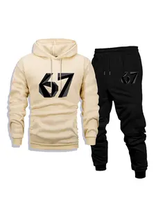 Men's autumn and winter casual suit: hooded fleece-lined sweater and sweatpants, 67 sixseven, fashionable printed, holiday gift, comfortable fleece-lined two-piece set (sweater and trousers)