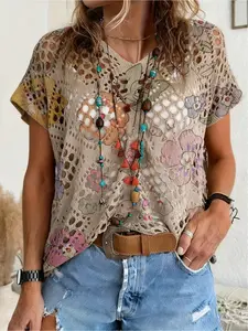 Spring/Summer style, V-neck diamond hollow-out loose batwing raglan short sleeve cover-up, contrast color floral print women's knitted top, vacation style, bikini cover-up, Beach Cover Ups, Bohemian beach vacation, Swimwear Cover Up, Casual Cover Up