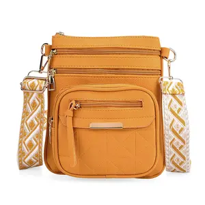 Shop LC Yellow Multiple Pockets Faux Leather Crossbody Bag with Shoulder Strap