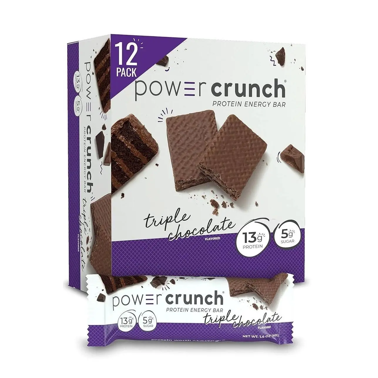 Power Crunch Protein Wafer Bars, High Protein Snacks with Delicious Taste, Triple Chocolate, 1.4 Ounce (12 Count)