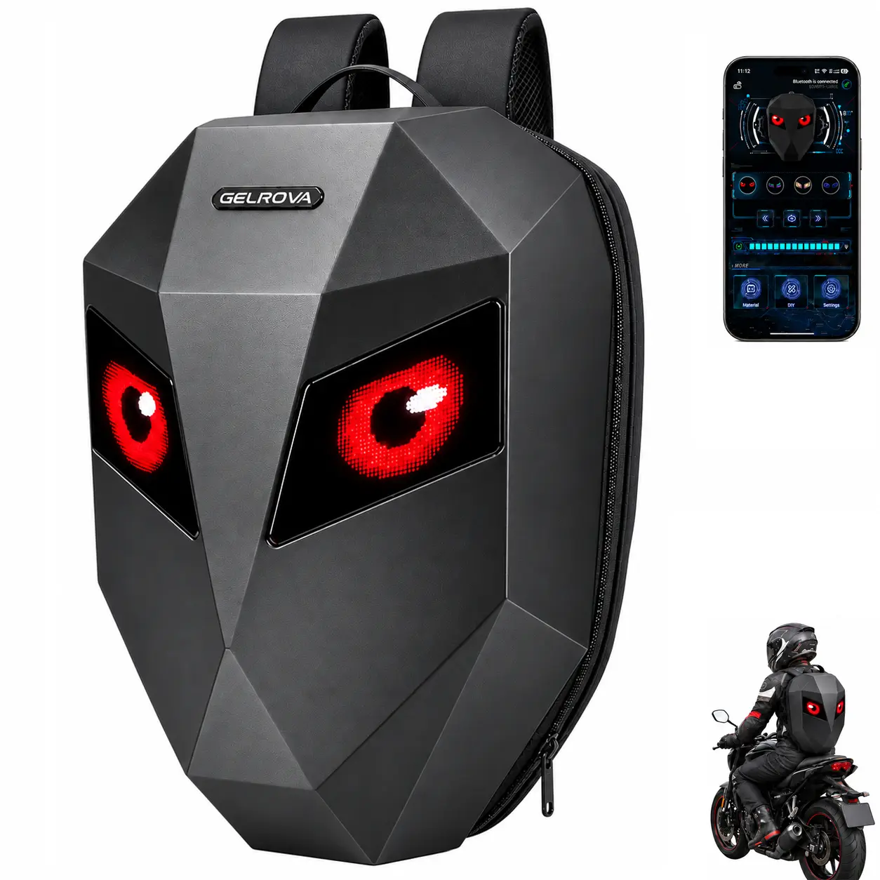 Gelrova Knight 19-Inch ABS Durable Multi-Functional Adult Backpack - Hard Shell Helmet Carrier, App-Controlled Programmable Display, Water-Resistant, Breathable Back, Adjustable Straps, 13.5x7.5x18.8 In Black Sports Gym Bag (Rain? No Worries), Durable Bac