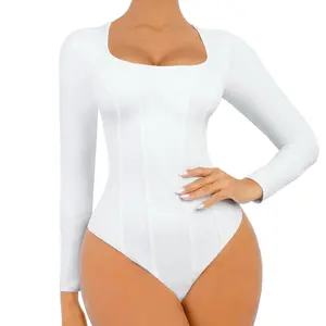 FeelinGirl Long Sleeve Shapewear Bodysuits for Womens Body Shaper Tummy Control Bodysuit Square Neck Thong Going Out Top
