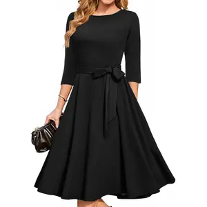 Cocktail Dresses for Women, Vintage Wedding Guest 3/4 Sleeves Formal Church Tea Dress