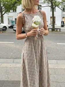 New Women's Plaid Long Dress, Bow Tie and Ruffle Waist Design, Casual Office Minimalist Style, Perfect for Vacation Daily Wear, Summer Square Neck Elegant Plaid Dress