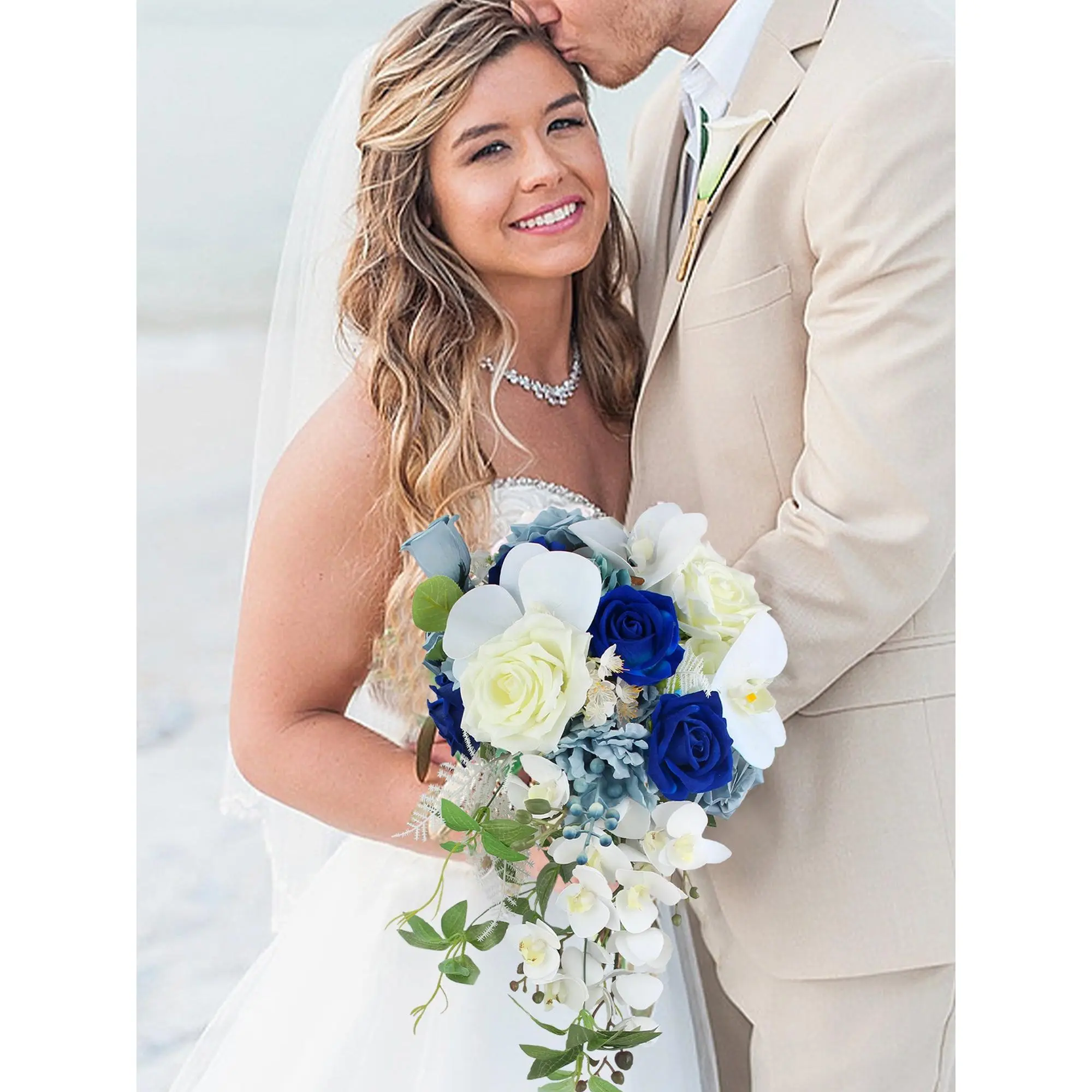 Rinlong 10x17 in (10 inch w * 17 inch h) Silk Orchids Sapphire Blue Cascading Floral Bridal Bouquet - Wedding Flower Decoration for Wedding Supplies, Creates Statement Look