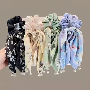 1pcs silk pearl flower bow large hair ring, chiffon flower hair ring, ponytail fixing belt, with bow and faux pearl flower decoration, suitable for daily wear, sweet women's fashion headdress Boho Feather Hair Extensions Clip