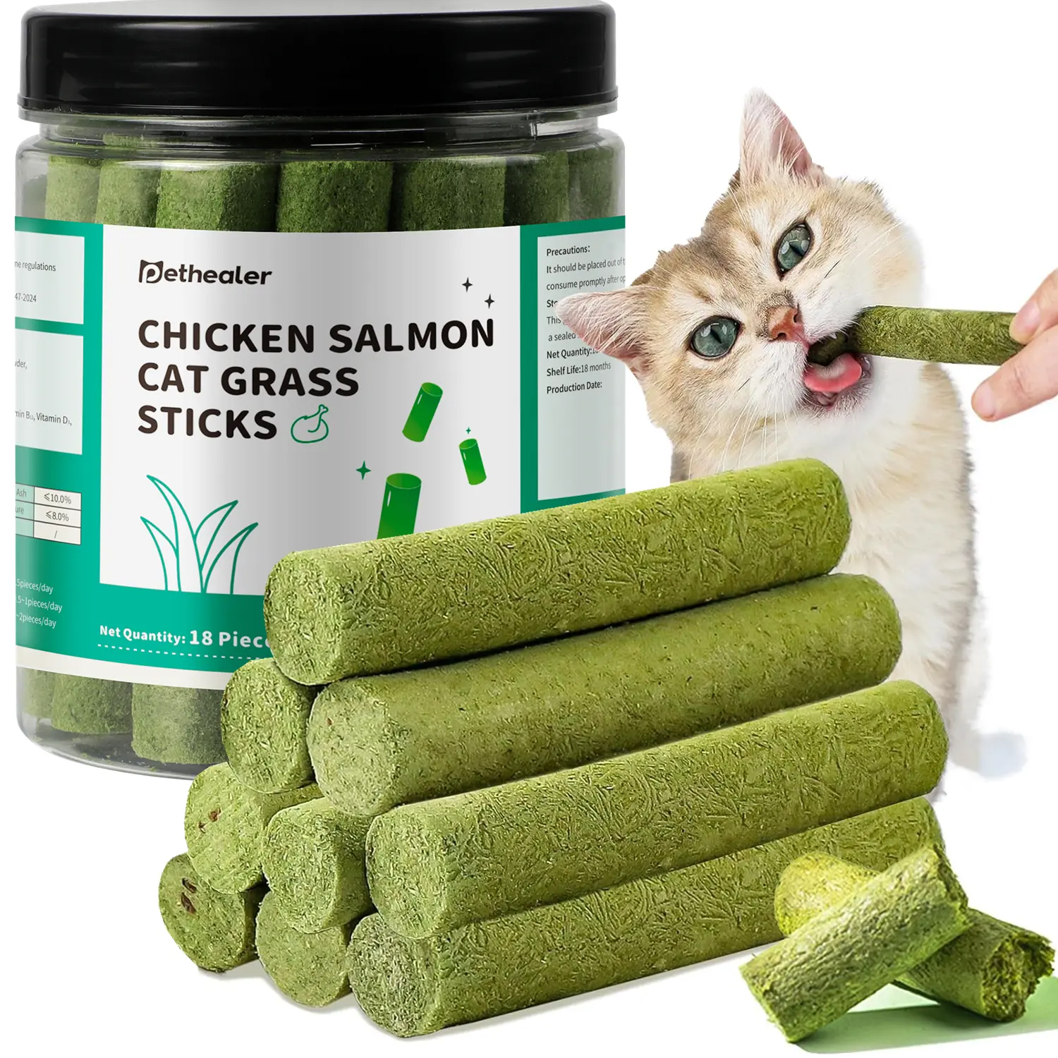18 Pack Cat Grass Teething Stick, Freezed Drying Cat Grass Sticks Snacks for Cats, Edible Cat Treats for Teeth Cleaning and Hairball Removal