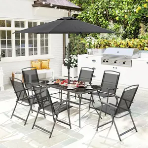 8 Piece Outdoor Dining Set, Patio Furniture Set with Umbrella, 6 Folding Chairs, Rectangle Table and Mesh Seat, Black