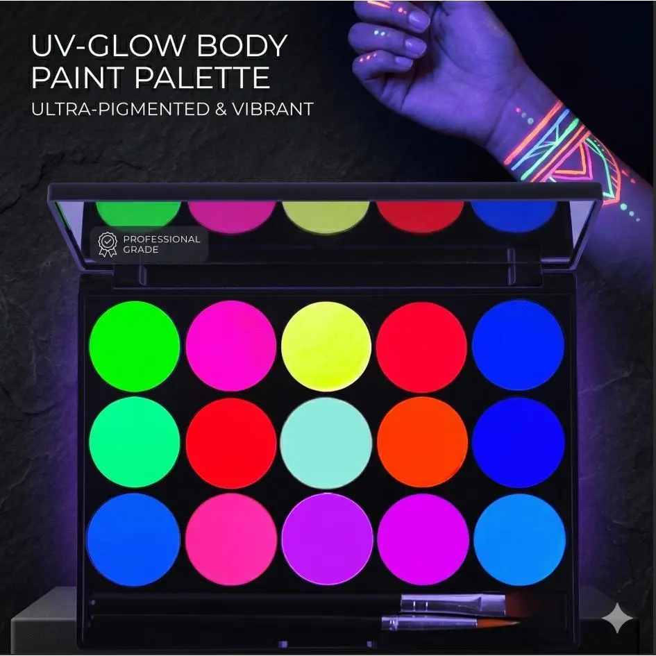 15-Color UV Gentle Cosmetic Washable Glow Neon Face Paint Palette, Festive & Party Makeup Supply for Festival Events