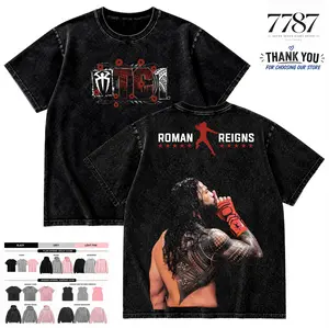 7787 Clothing Menswear Roman Reigns OTC Tribal Chief Wrestling Graphic Washed T-Shirt Vintage Streetwear Casual Apparel