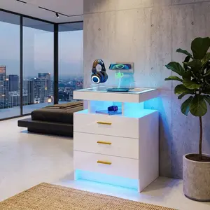 Auto LED Smart Nightstand White Tempered Glass Top Bedside Table With Wireless Charging Station USB Ports 3 Drawers High Gloss Storage Cabinet Modern Multifunctional End Side Table For Bedroom Living Room Home Decor Furniture