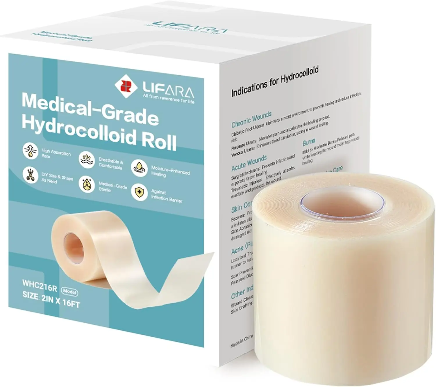 LIFARA Customizable Hydrocolloid Wound Care Roll - 2in x 16ft, 11.8mil/0.3mm Thickness, Cut-to-Size, Extra Large, Self-Adhesive, Highly Absorbent, Flexible, Waterproof First Aid Essential | Medical Supplies, Healthcare Accessories