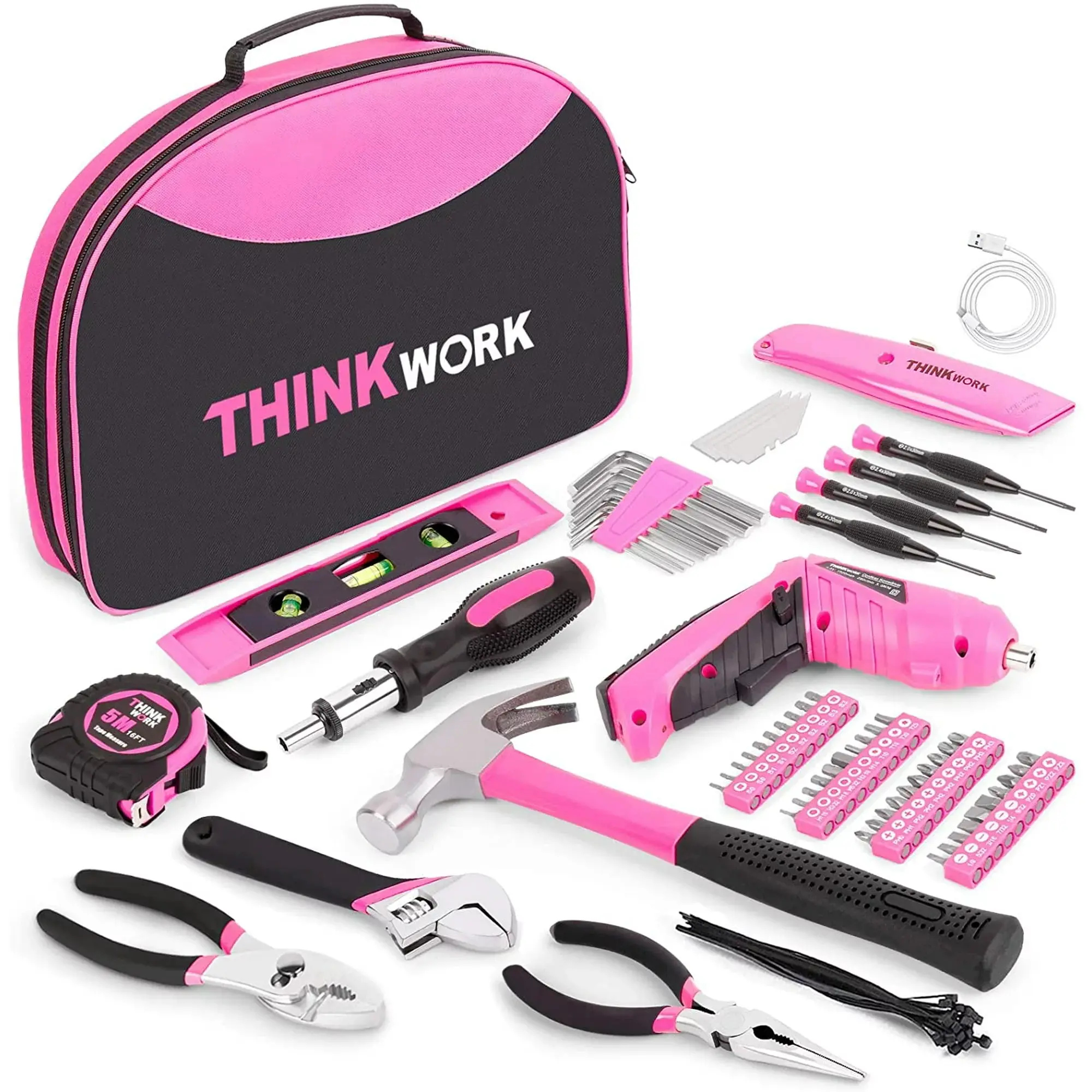 122-Piece Pink Tool Kit with 3.6V Rotatable Electric Screwdriver-Ladies Home Work Kit