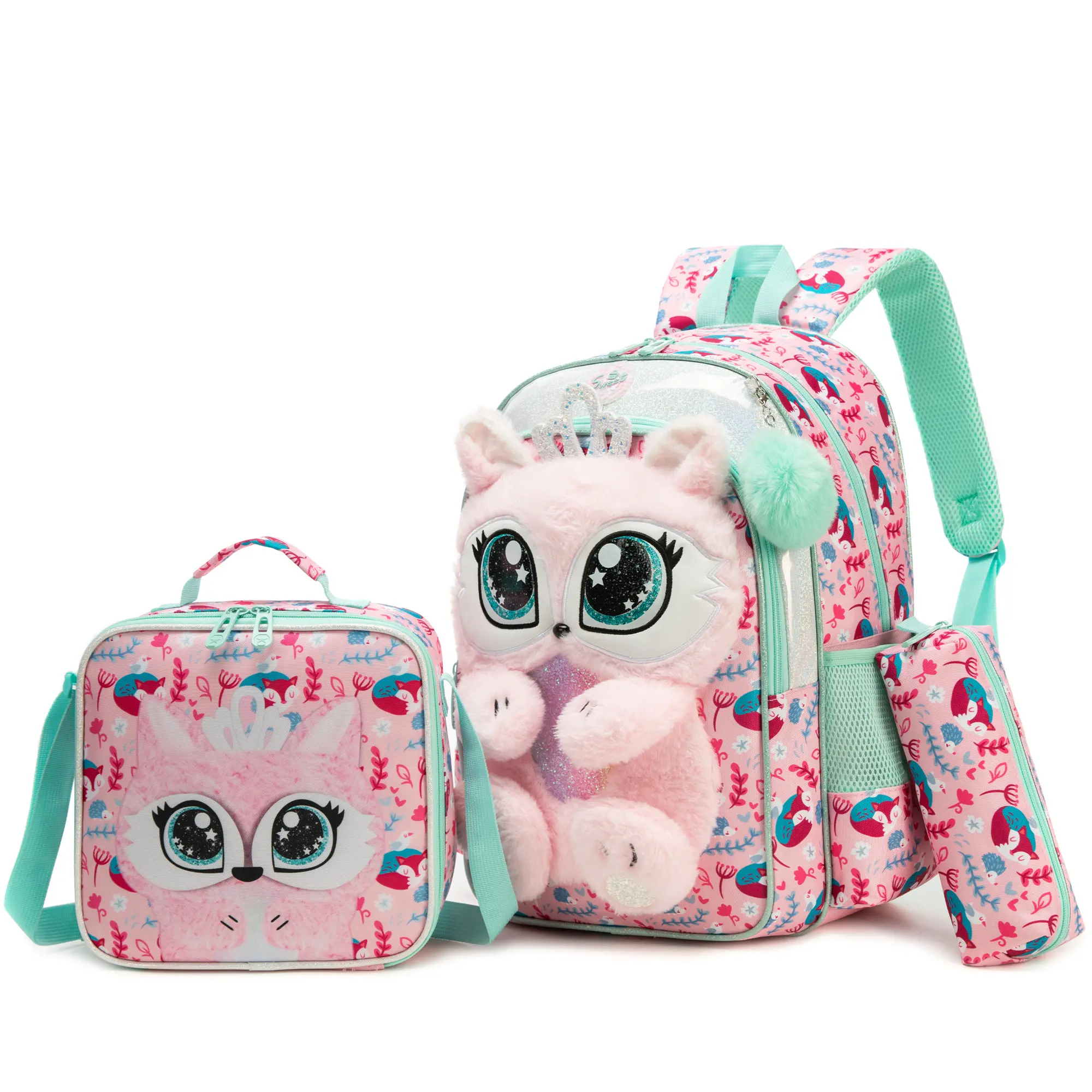 Girls' 3D Plush Pink Forest Animal Print Backpack Set for School, Elementary School Bag with Matching Insulated Lunch Bag, Pencil Case & Ergonomic Padded Straps, Backpacks For School