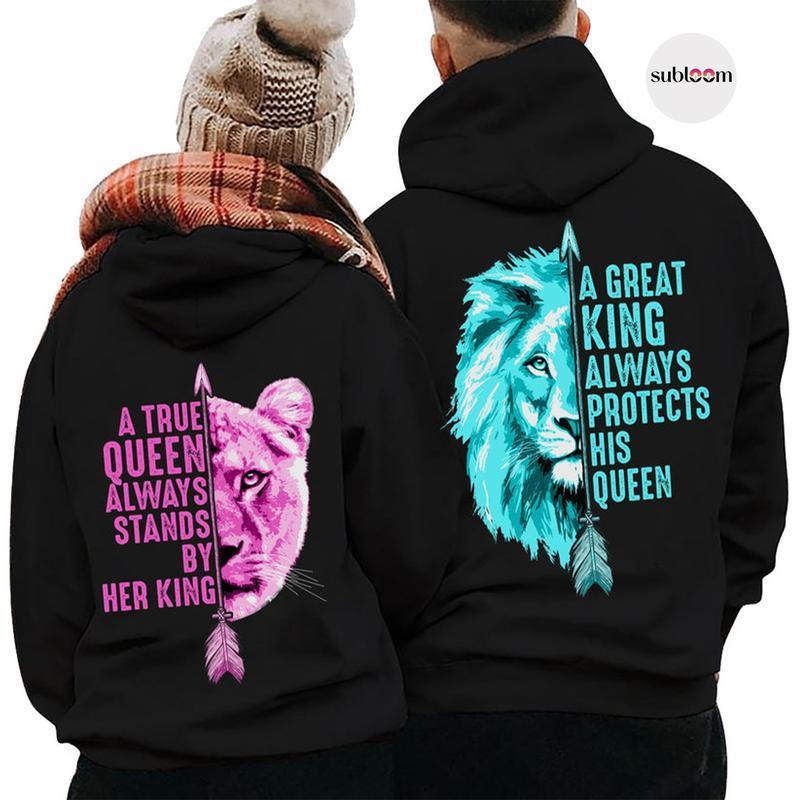 Her King and His Queen, Lion Symbolism Graphic Couple Matching Hoodies Casual  Pullover Hooded  for Women for Men, Perfect Gift  Womenswear boyfriend  tees