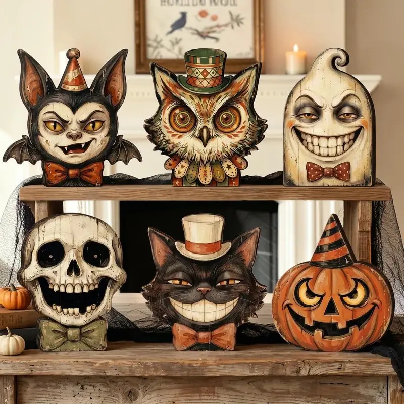 Vintage Halloween Indoor Decorations, Fall Decor Items, Retro Wooden Blocks for Bookshelf, Ghosts, Cats, Pumpkins, Skulls, Witches, Cats, Owls, Zombies, Vampires
