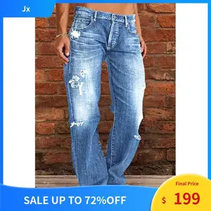 Women's Ripped Jeans, Mid Rise, Straight Leg, Plus Size, Boyfriend Style, Baggy Flare Pants, 90s Hippie Denim