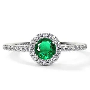 Classic Round Emerald Halo Ring with Prong Set Diamonds (0.78cttw)- REM001-5X5-AAA