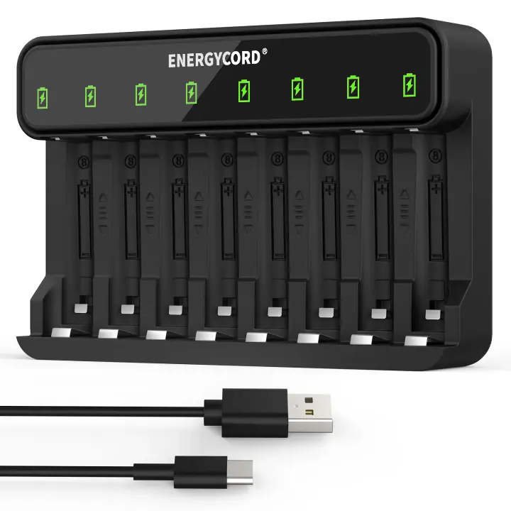 ENERGYCORD 8 Bay AA AAA Battery Charger, Independent Slot Charger with LED Light, USB High Speed Charging,  for 1.2V Ni-MH Rechargeable Batteries