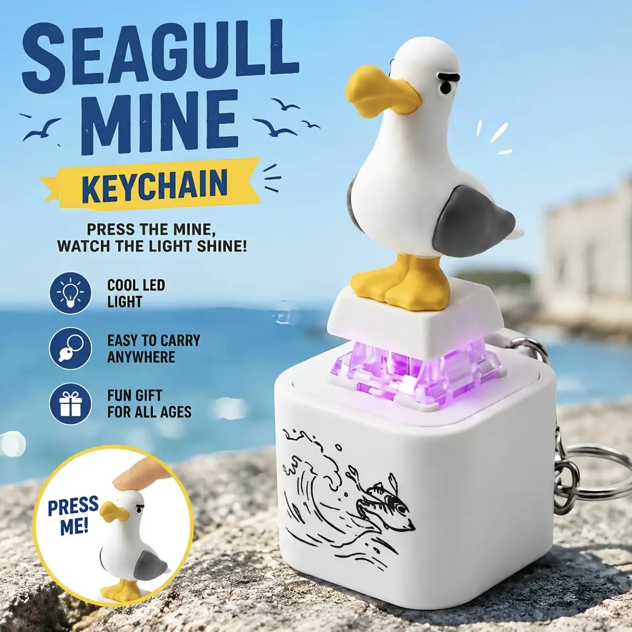 Unisex Seagull Animal Squishy Button Keychain - Eco-Friendly LED Light & Sound Fidget Toy, USB-Rechargeable, Oddly Satisfying Office Stress Reliever, Birds Themed Party Bag Gift