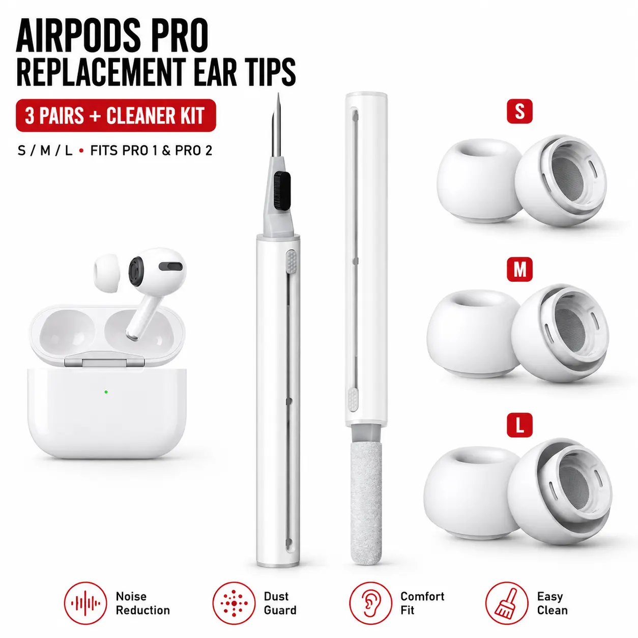 Replacement Ear Tips  for AirPods Pro 1st/2nd Generation with 3-in-1 Cleaner Kit, Silicone Earbuds Tips, S/M/L or XS/S/M/L Options, Noise Reduction Hole, Dust Guard Screen