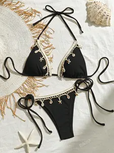 Black Textured Halter Triangle Bikini Set with Starfish Shell Trim – Tie Side Sexy Boho Swimwear for Summer Beach