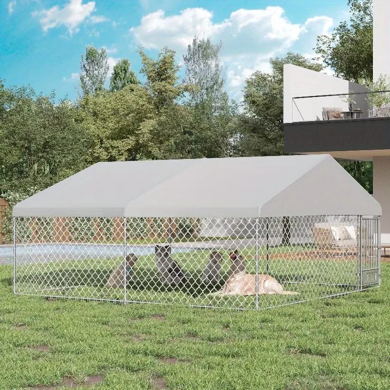 10'x10'/13'x13' Heavy Duty Outdoor Dog Kennel, Galvanized Steel Pet Kennel with Roof, Lockable Door & Rotating Feeder, Large Dog Enclosure for Backyard