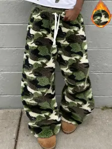 Men's Fall Winter Camo Fleece Wide Leg Pants, Comfortable and Stylish, Perfect for Casual, Camouflage Print Pants