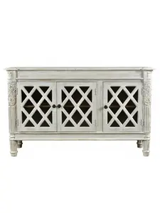 HomeRoots 488487 36 x 58 x 17 in. White Distressed Solid Wood Carved Scrollwork Sideboard with 3 Glass Doors
