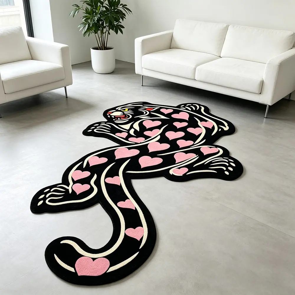 Heart Leopard Print Irregular Design Rug, Irregular Shape Bedroom Bedside Carpet, Non-Slip Living Room Mat, Suitable for Sofa, Coffee Table, Bathroom, Indoor Decor, Decorative Rugs, Home Decor Rug