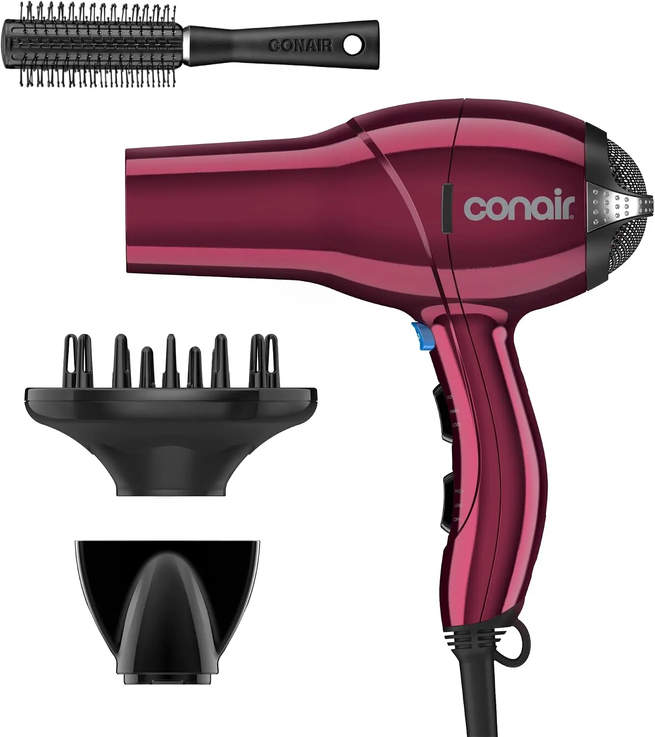 Conair Hair Dryer with Diffuser, Concentrator & Round Brush, Burgundy | 1875W blow dryer for all hair types, includes 2 attachments and a round brush for added volume and defined texture