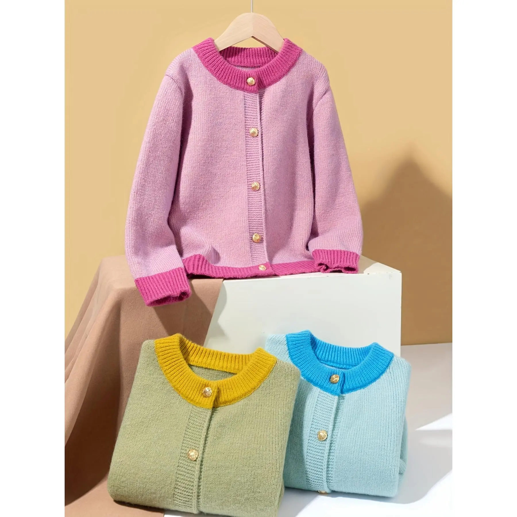 Girls' Solid Acrylic Blend Knit Cardigan, Long Sleeve Crew Neck Casual Top, Soft Stretch Regular Fit, Machine Washable