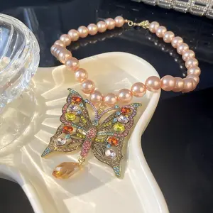 Glamorous Multicolor Gem Butterfly & Pink Pearl Necklace Perfect for Parties, Dinners & Special Occasions