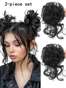 2 Pcs Synthetic Messy Bun Hair Scrunchies with Braid Tail Elastic Hair Accessories Women Curly Ponytail Wrap Thick Bun Hair Scrunchie Daily Synthetic Bun Natural Black
