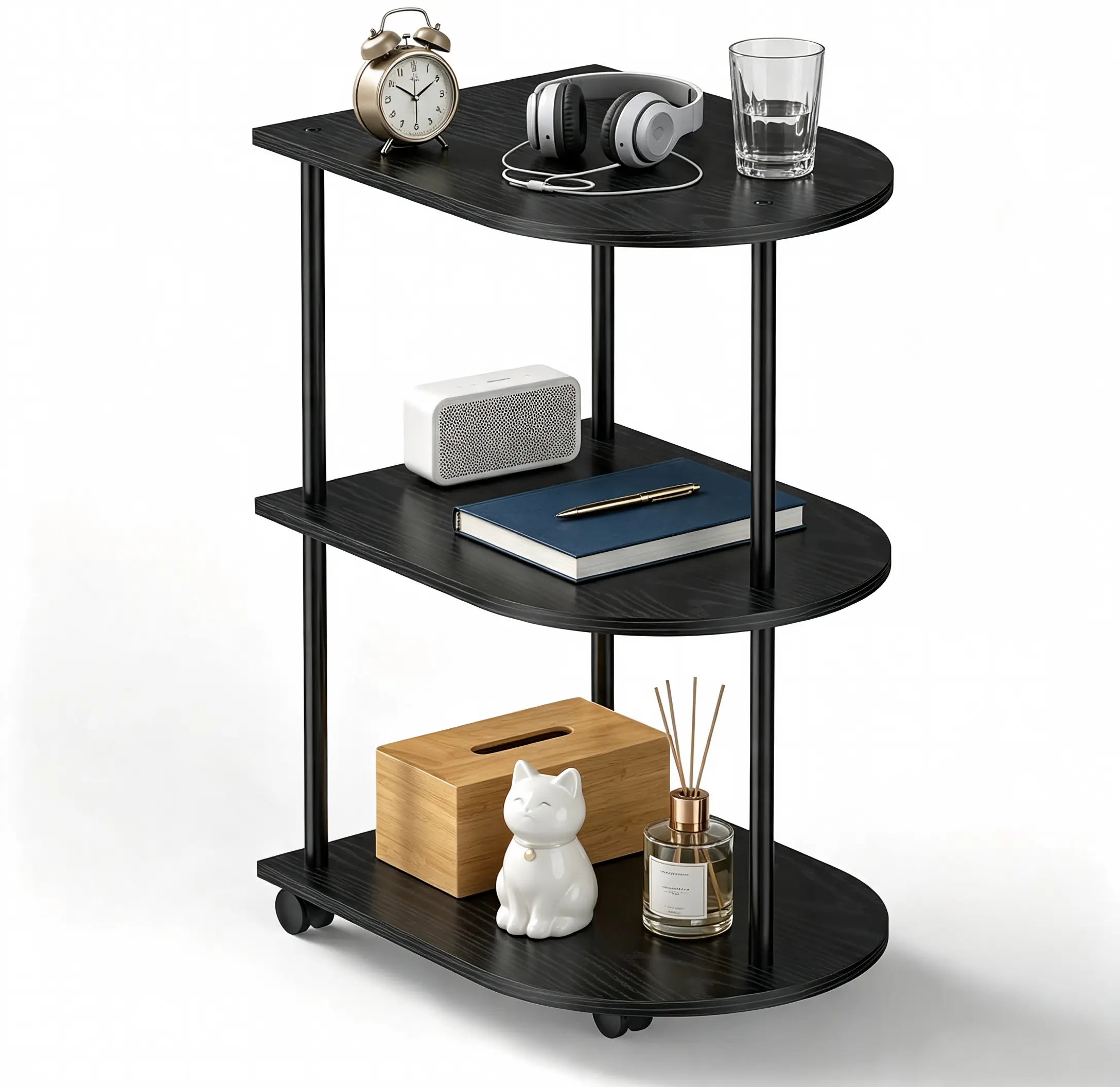 Slim Semi-Circular Rolling Side Table with 3-Tier Storage Shelves, Black Metal Frame, Universal Wheels, Small Space Organizer for Couch, Bedroom, Corner Use