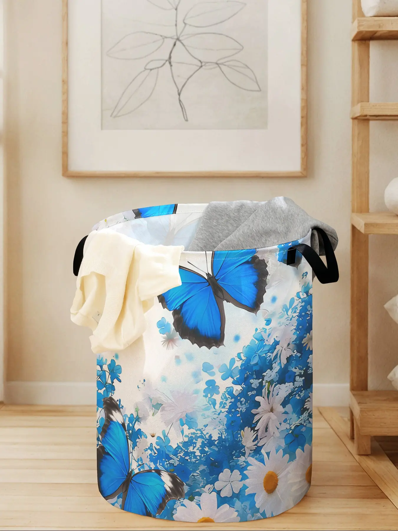 Butterfly Print Laundry Basket with Handle, Large Capacity Foldable Storage for Clothes and Toys, Durable Home Organizer for All Seasons